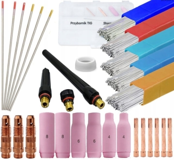 ZESTAW AKCESORIÓW TIG DRUTY, DYSZE, SOCZEWKI